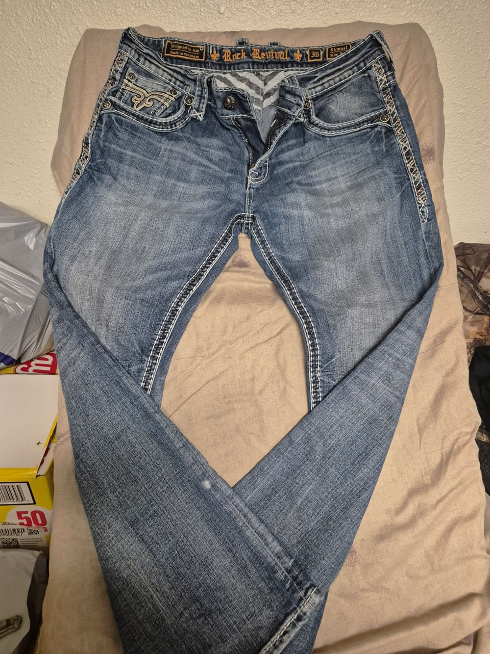 Rock Revival Men’s Medium Wash "Shmuel" Slim Fit Bootcut leather inserts